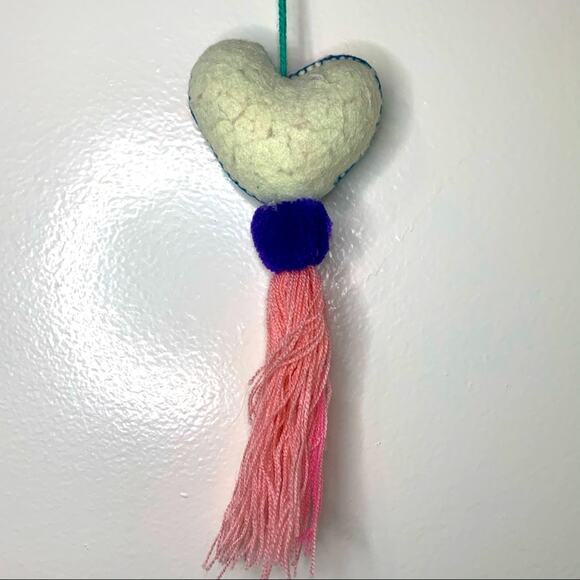 Embroidered Heart Tassel, Bag Charm Felt Pom Pom - Picture 2 of 3